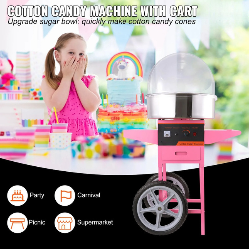 VEVOR MHTJJPHC01 Electric Cotton Candy Machine Cart with Bubble Cover Shield, 1000W Commercial Floss Maker, Pink