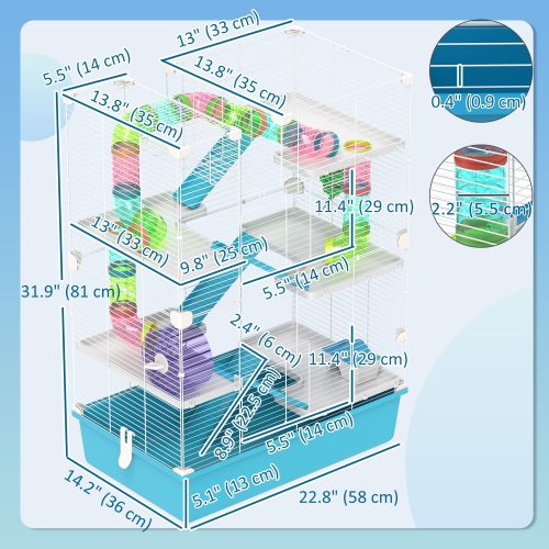 PawHut 32" Hamster Cage, 6 Tier Small Animal Cage with Tunnels and Tubes, DIY Design Gerbil Cage with Hut, Wheel, Food Dish, Water Bottle, Ramps, for