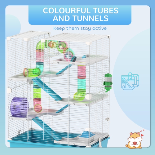 PawHut 32" Hamster Cage, 6 Tier Small Animal Cage with Tunnels and Tubes, DIY Design Gerbil Cage with Hut, Wheel, Food Dish, Water Bottle, Ramps, for