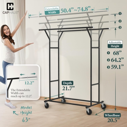 CAPHAUS Heavy Duty Clothes Rack with Double Rods, 440LBS Capacity Rolling Clothing Rack for Hanging Clothes