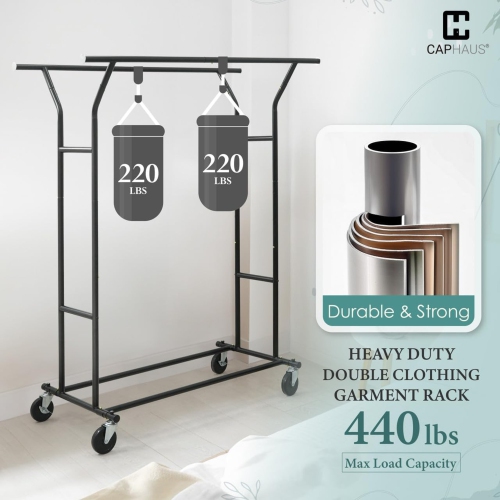CAPHAUS Heavy Duty Clothes Rack with Double Rods, 440LBS Capacity Rolling Clothing Rack for Hanging Clothes