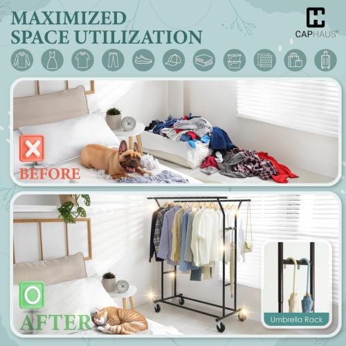 CAPHAUS Heavy Duty Clothes Rack with Double Rods, 440LBS Capacity Rolling Clothing Rack for Hanging Clothes