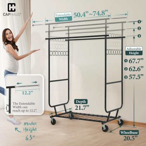 CAPHAUS Heavy Duty Clothes Rack with Double Rods, 660LBS Capacity Rolling Clothing Rack for Hanging Clothes