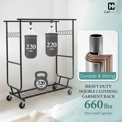 CAPHAUS Heavy Duty Clothes Rack with Double Rods, 660LBS Capacity Rolling Clothing Rack for Hanging Clothes