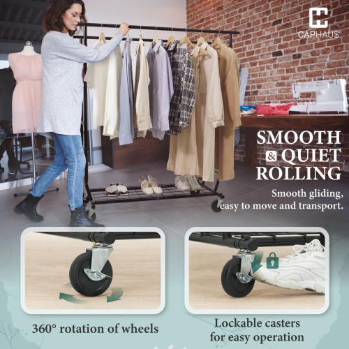 CAPHAUS Heavy Duty Clothes Rack with Double Rods, 660LBS Capacity Rolling Clothing Rack for Hanging Clothes