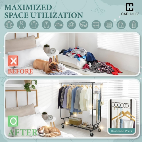 CAPHAUS Heavy Duty Clothes Rack with Double Rods, 660LBS Capacity Rolling Clothing Rack for Hanging Clothes