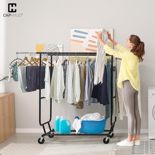 CAPHAUS Heavy Duty Clothes Rack with Double Rods, 660LBS Capacity Rolling Clothing Rack for Hanging Clothes