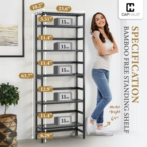 CAPHAUS 6-Tier Bamboo Shelf, Bamboo Open Storage Bookcase with Adjustable Layer,