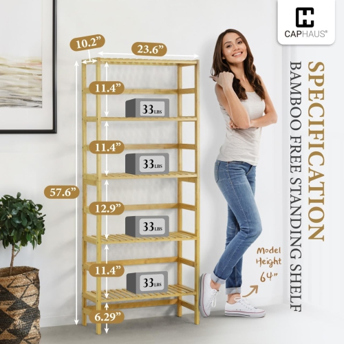 CAPHAUS 5-Tier Bamboo Shelf, Bamboo Open Storage Bookcase with Adjustable Layer