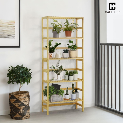 CAPHAUS 5-Tier Bamboo Shelf, Bamboo Open Storage Bookcase with Adjustable Layer