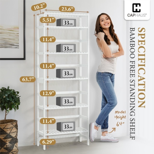 CAPHAUS 6-Tier Bamboo Shelf, Bamboo Open Storage Bookcase with Adjustable Layer
