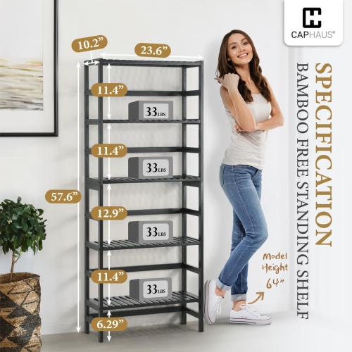 CAPHAUS 5-Tier Bamboo Shelf, Bamboo Open Storage Bookcase with Adjustable Layer