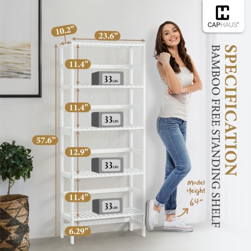 CAPHAUS 5-Tier Bamboo Shelf, Bamboo Open Storage Bookcase with Adjustable Layer