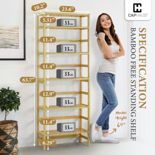 CAPHAUS 6-Tier Bamboo Shelf, Bamboo Open Storage Bookcase with Adjustable Layer