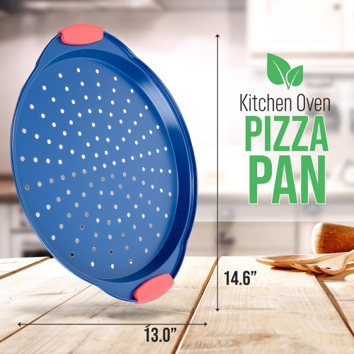 14” Non Stick Pizza Pan, Blue Carbon Steel Bake Pan with Red Silicone Handles, Commercial Grade Restaurant Quality Metal Bakeware.