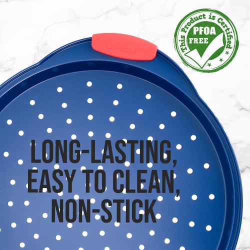 14” Non Stick Pizza Pan, Blue Carbon Steel Bake Pan with Red Silicone Handles, Commercial Grade Restaurant Quality Metal Bakeware.