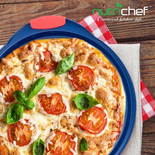 14” Non Stick Pizza Pan, Blue Carbon Steel Bake Pan with Red Silicone Handles, Commercial Grade Restaurant Quality Metal Bakeware.