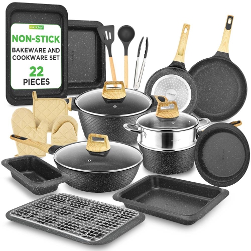 NutriChef 22-Piece Black Marble Non-Stick Induction Cookware and Bakeware Set - Professional Home Kitchen Collection with Multi-Sized Pots, Pans, and