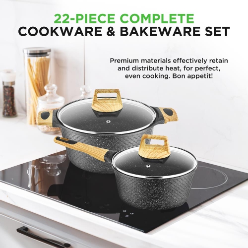NutriChef 22-Piece Black Marble Non-Stick Induction Cookware and Bakeware Set - Professional Home Kitchen Collection with Multi-Sized Pots, Pans, and