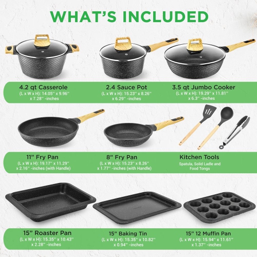NutriChef 22-Piece Black Marble Non-Stick Induction Cookware and Bakeware Set - Professional Home Kitchen Collection with Multi-Sized Pots, Pans, and