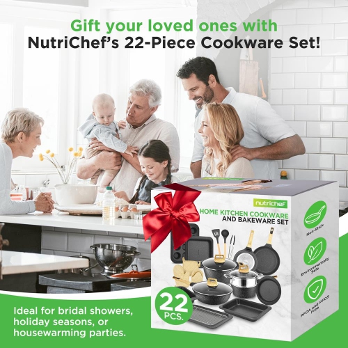 NutriChef 22-Piece Black Marble Non-Stick Induction Cookware and Bakeware Set - Professional Home Kitchen Collection with Multi-Sized Pots, Pans, and