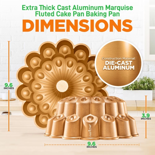 NutriChef, Bundt Cake Pan, Cake Pan, Marquise Fluted Bundt Pan, Nonstick Bakeware, Extra Thick Aluminum Easy Release, Uniform Baking and Browning,