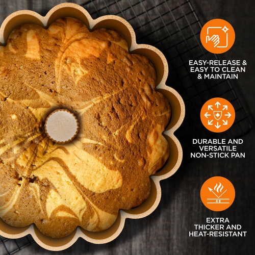 NutriChef, Bundt Cake Pan, Cake Pan, Marquise Fluted Bundt Pan, Nonstick Bakeware, Extra Thick Aluminum Easy Release, Uniform Baking and Browning,