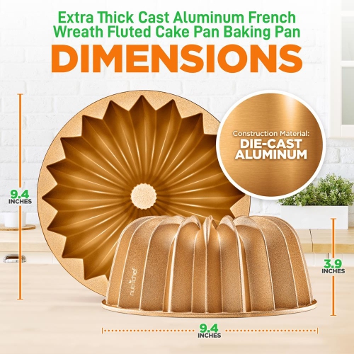French Wreath Fluted Bundt Cake Pan, Extra Thick and Non Stick Aluminum Bakeware with 2 Layers of Non Stick Coating for Easier Release, Uniform