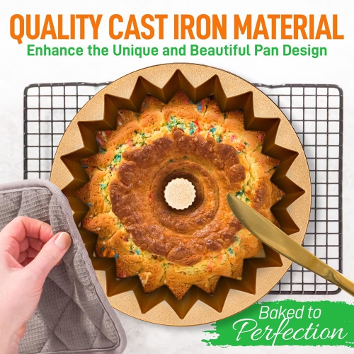 French Wreath Fluted Bundt Cake Pan, Extra Thick and Non Stick Aluminum Bakeware with 2 Layers of Non Stick Coating for Easier Release, Uniform