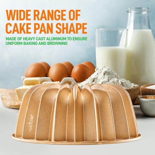 French Wreath Fluted Bundt Cake Pan, Extra Thick and Non Stick Aluminum Bakeware with 2 Layers of Non Stick Coating for Easier Release, Uniform