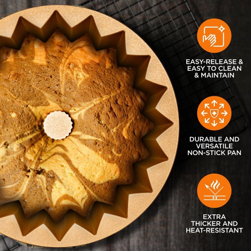 French Wreath Fluted Bundt Cake Pan, Extra Thick and Non Stick Aluminum Bakeware with 2 Layers of Non Stick Coating for Easier Release, Uniform