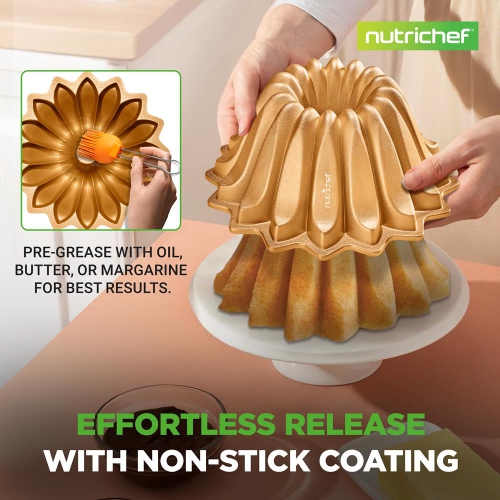 NutriChef, Bundt Cake Pan, Cake Pan, Spring Water Fluted Bundt Pan, Nonstick Bakeware, Extra Thick Aluminum Easy Release, Uniform Baking and