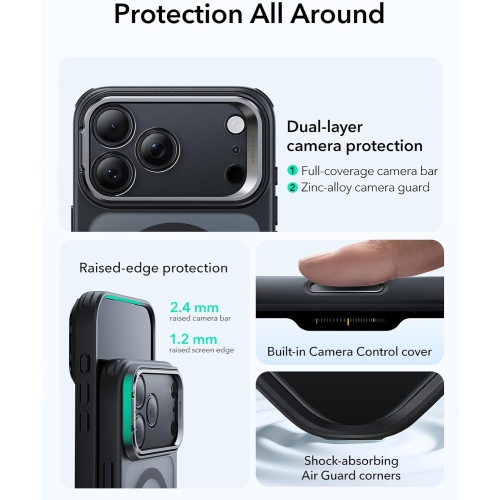 iPhone 17 Pro Max Case with Stand – Frosted Black, MagSafe Compatible, Military-Grade Drop Protection, Scratch-Resistant Magnetic Camera Control Cover