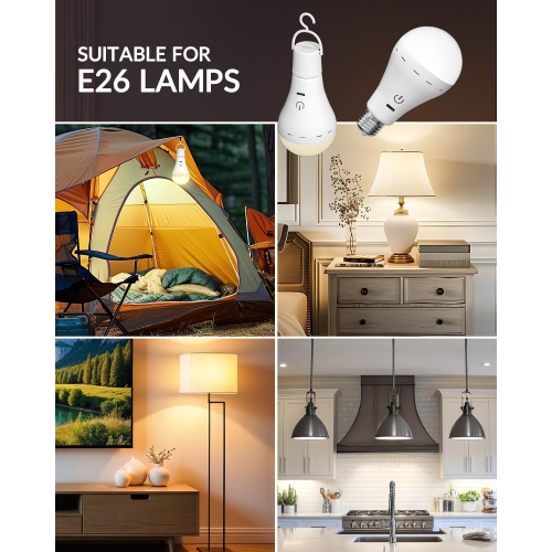 2 – Ampoules rechargeables Magic avec télécommande, 2200&nbsp;mAh E26 sans fil à piles