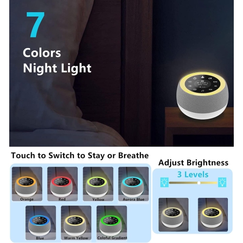 White Noise Machine, with 7 Colors Night Light, 32 Soothing Sounds, Built-in Battery & Headphone Jack