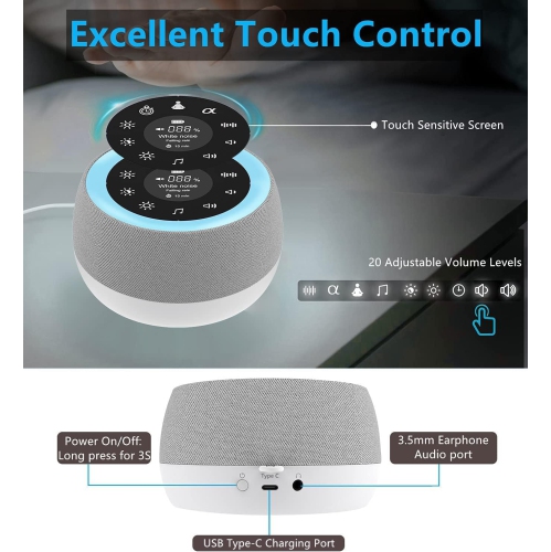 White Noise Machine, with 7 Colors Night Light, 32 Soothing Sounds, Built-in Battery & Headphone Jack