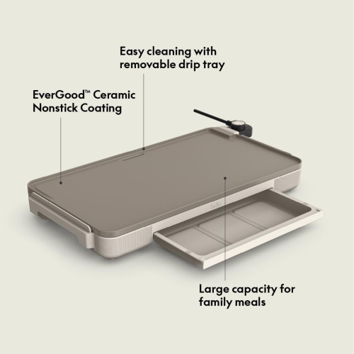12" x 22" Electric Griddle with EverGood™ Ceramic Nonstick Coating, Removable Temperature Probe, Dishwasher-Safe Drip Tray & Cool Touch Handles, Cook