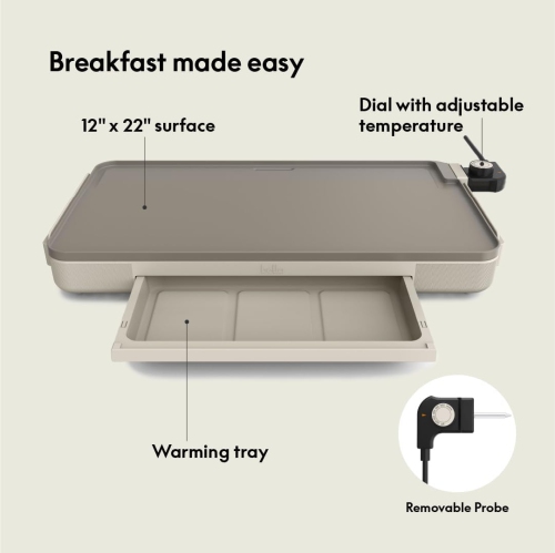 12" x 22" Electric Griddle with EverGood™ Ceramic Nonstick Coating, Removable Temperature Probe, Dishwasher-Safe Drip Tray & Cool Touch Handles, Cook