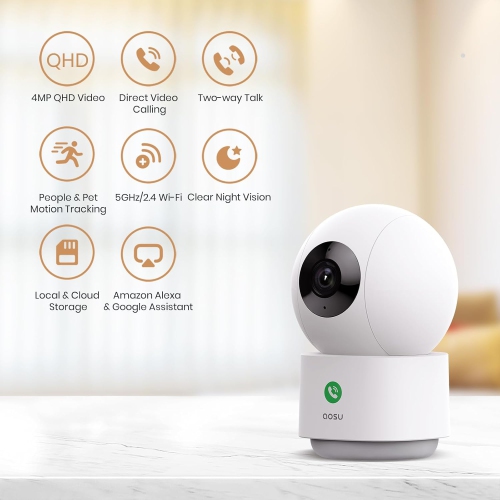 AOSU 4MP Security Camera Indoor - 2.5K Baby Monitor Pet Camera 360° for Home Security, WiFi Camera with 5/2.4 GHz Wi-Fi Router, One-Touch Call, Smart