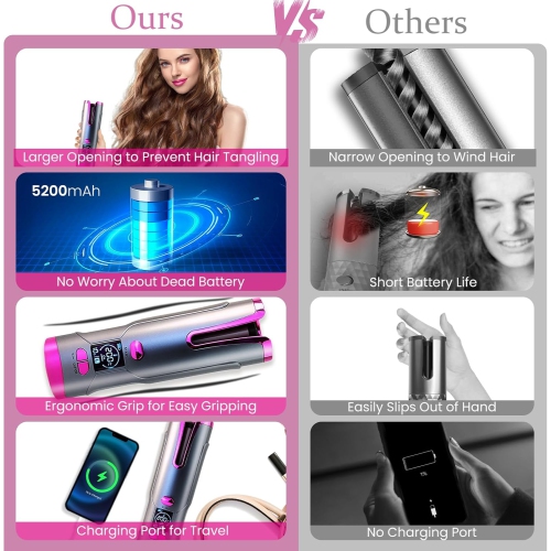 Fer à friser 3/rouleau 4&nbsp;po,Fer à friser automatique sans fil,Fer à friser automatique rechargeable pour cheveux longs,Fer à friser portatif en