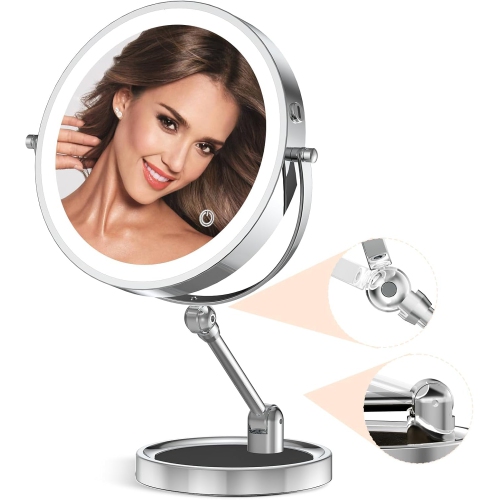 9" Large Lighted Makeup Mirror with 1X/10X Magnification,Rechargeable Vanity Mirror with Dimmable Light,360° Swivel Double Sided Tabletop Cosmetic