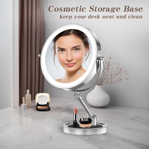 9" Large Lighted Makeup Mirror with 1X/10X Magnification,Rechargeable Vanity Mirror with Dimmable Light,360° Swivel Double Sided Tabletop Cosmetic