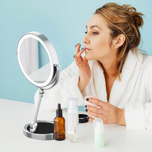 9" Large Lighted Makeup Mirror with 1X/10X Magnification,Rechargeable Vanity Mirror with Dimmable Light,360° Swivel Double Sided Tabletop Cosmetic