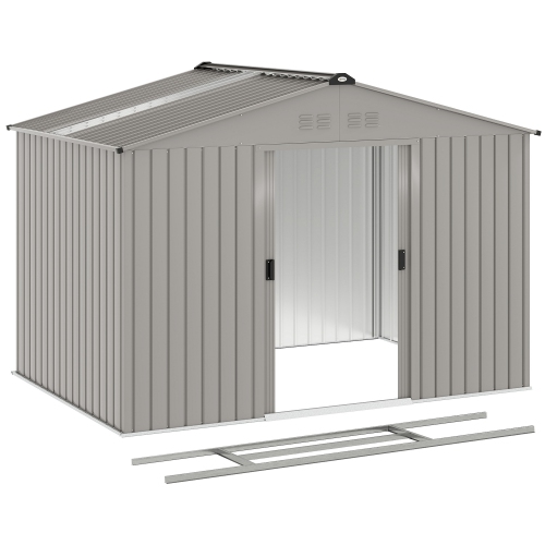 Outsunny 9' x 6' Garden Storage Shed with Foundation Kit, Metal Tool Storage House with Double Doors for Outdoor Patio Yard, Grey