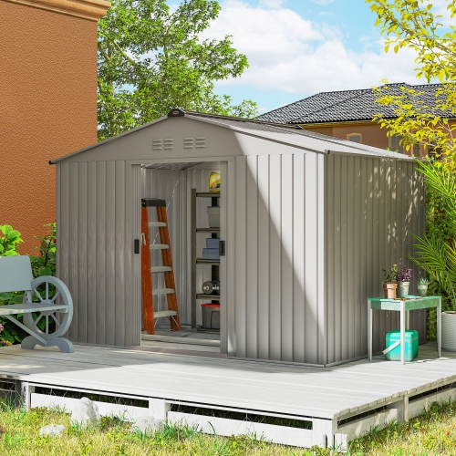 Outsunny 9' x 6' Garden Storage Shed with Foundation Kit, Metal Tool Storage House with Double Doors for Outdoor Patio Yard, Grey