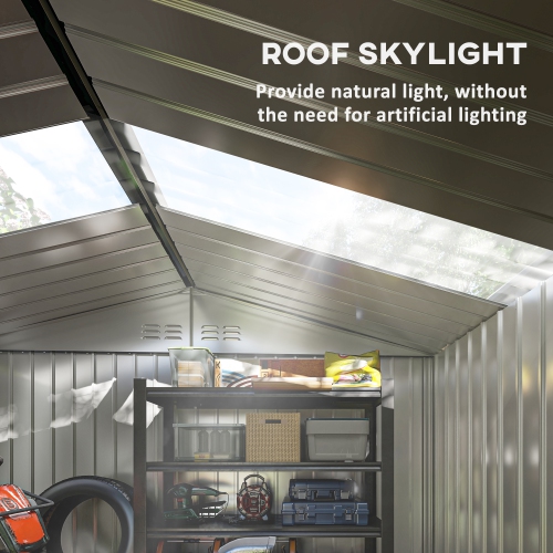 Outsunny 9' x 6' Garden Storage Shed with Foundation Kit, Metal Tool Storage House with Double Doors for Outdoor Patio Yard, Grey