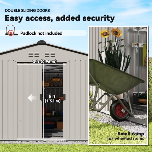 Outsunny 9' x 6' Garden Storage Shed with Foundation Kit, Metal Tool Storage House with Double Doors for Outdoor Patio Yard, Grey