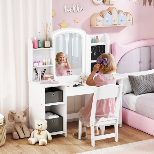Qaba Kids Vanity Set, Girls Vanity Table and Chair with Lighted Mirror, Cabinet, Fabric Bins, Shelves and Jewellery Hooks, Pretend Makeup Playset for