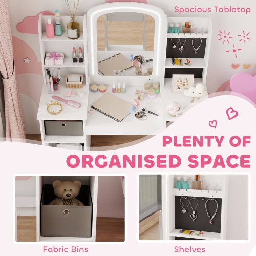 Qaba Kids Vanity Set, Girls Vanity Table and Chair with Lighted Mirror, Cabinet, Fabric Bins, Shelves and Jewellery Hooks, Pretend Makeup Playset for