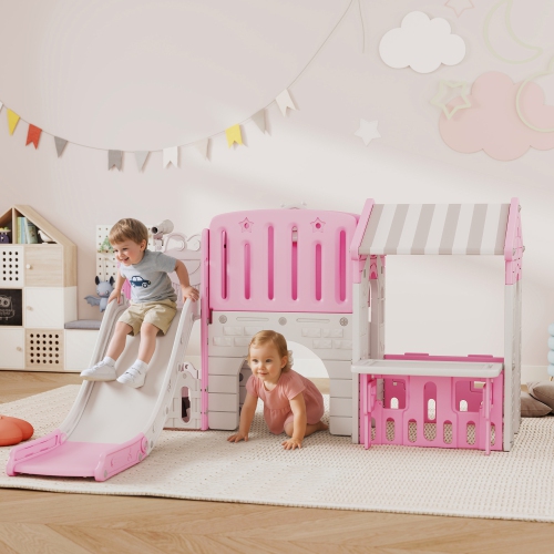 Qaba 7-in-1 Toddler Slide with Playhouse, Kids Slide Climber Playset with Basketball Hoop and Tunnel for Age 1-4 Years Indoor Play, Pink